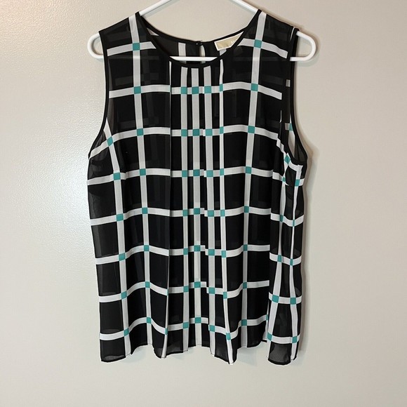 Michael Kors Black White Plaid Semi Sheer Sleeveless Tank Top Sz Medium … - Picture 1 of 8